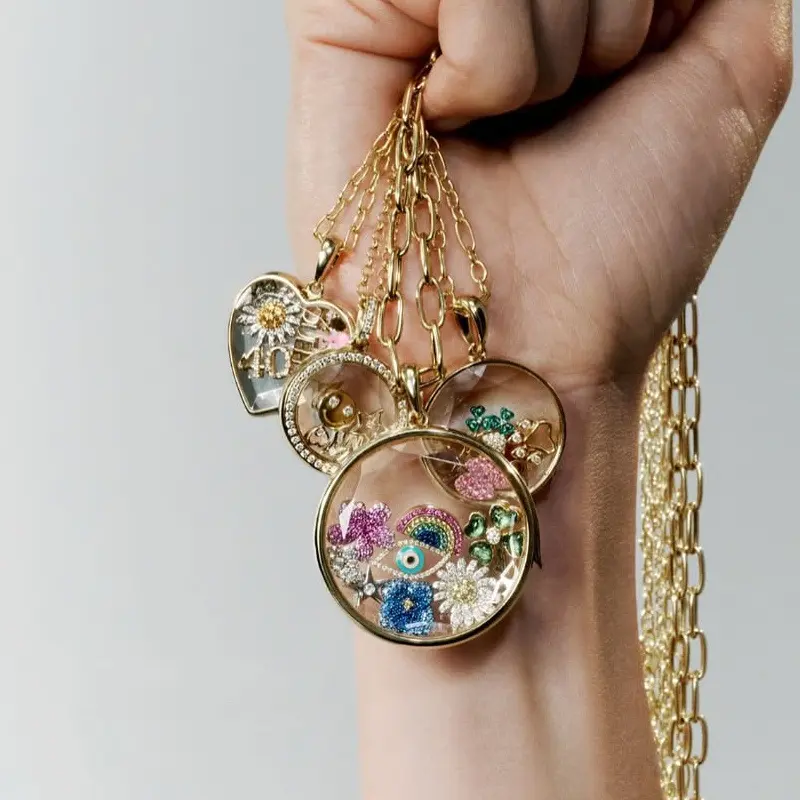 Casual Rhinestone Floating Locket Necklace for Women, Long Plated Paperclip Chain, DIY Memory Glass Pendant for Daily Wear, Rhinestones, Female, Metal, Plated Chain, Chain Jewelry Necklaces