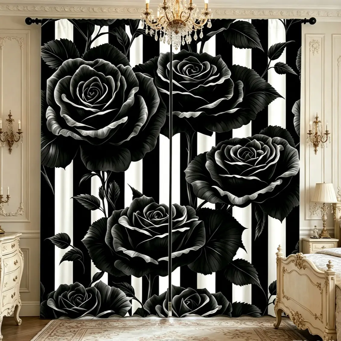 Gothic Black Rose Curtain Set, Dark Floral Art Print Polyester Window Drapes 2 Panels