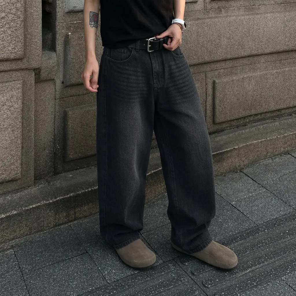 Men's 90s Baggy Denim Jeans,Washed Charcoal Black Loose Fit Jeans,Y2K Streetwear Retro Whiskered Wide Leg Pants,Summer Casual Skater Denim Bottoms,street fashion,loose straight leg jean