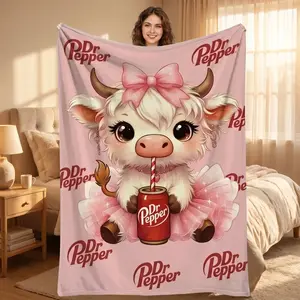 Cute Highland Cow Dr Pepper Pink Flannel Blanket, Big Bow Soda Can Print Soft Plush Throw for Sofa Bedroom Decor Gift