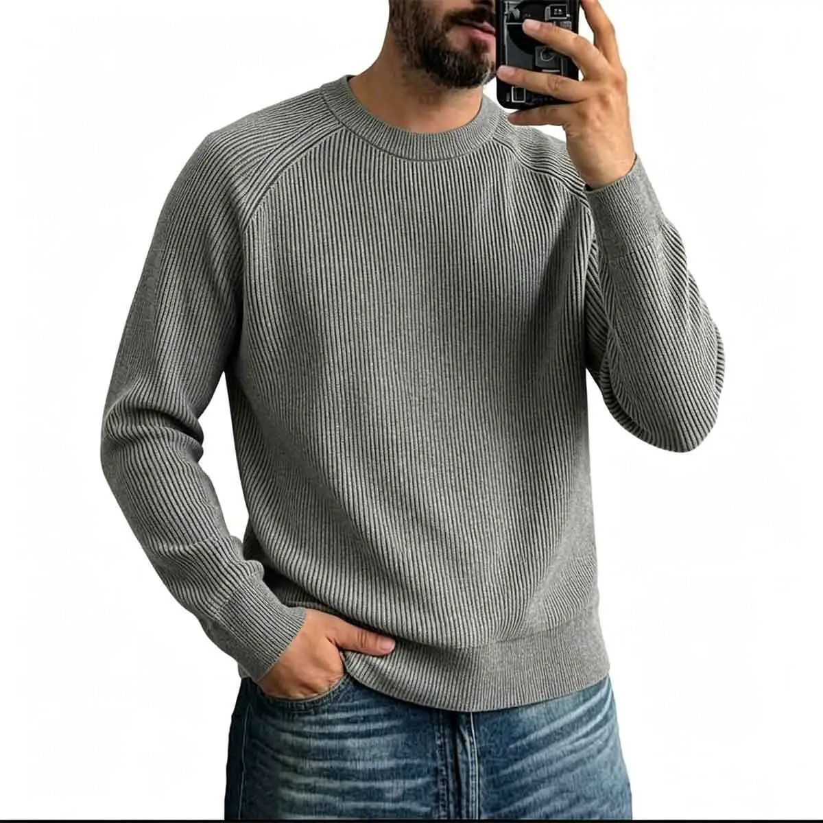 Men's gray ribbed round neck knitted sweater, Raglan long sleeved solid color pullover, elastic vertical soft knitted fabric, casual loose basic knitted clothing, suitable for daily commuting, street style matching, outdoor walking, and autumn/winter dail