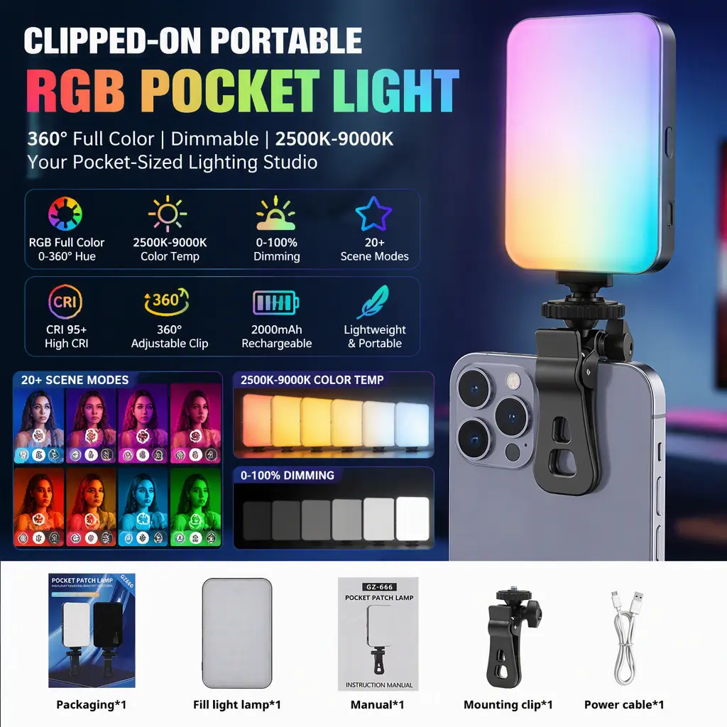 Clipped-On Portable Dimmable RGB Pocket Light with Phone Clip, 360° Full Color 2500K-9000K Beauty Fill Tool, 20+ Scene Modes, Rechargeable Mini Camera Accessory for Live Streaming, Photography