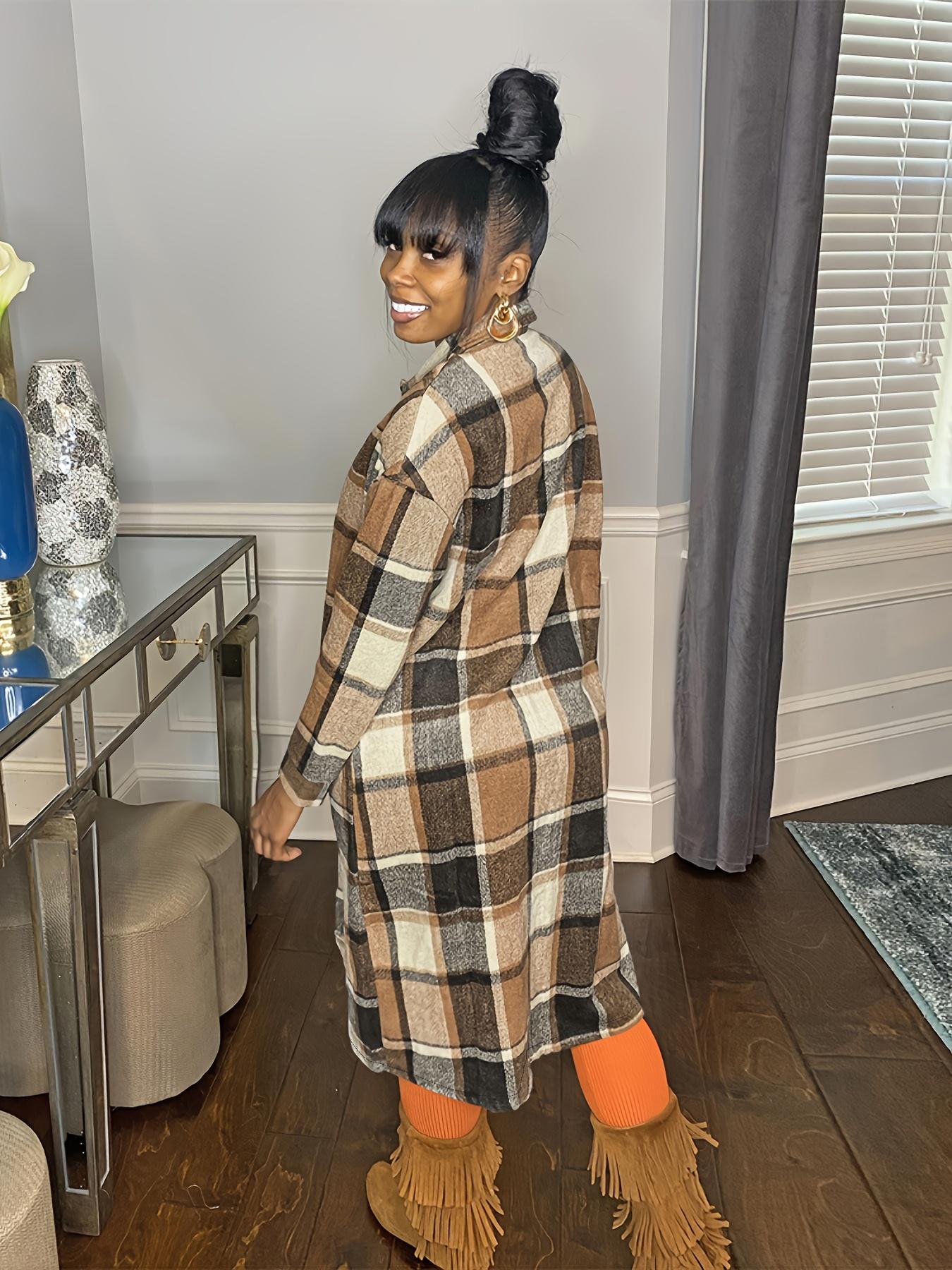 Women's Plaid Print Button Front Split Hem Overcoat Jackets, Casual Drop Shoulder Long Sleeve Collared Coat for Fall & Winter, Women's Clothing for Daily Wear