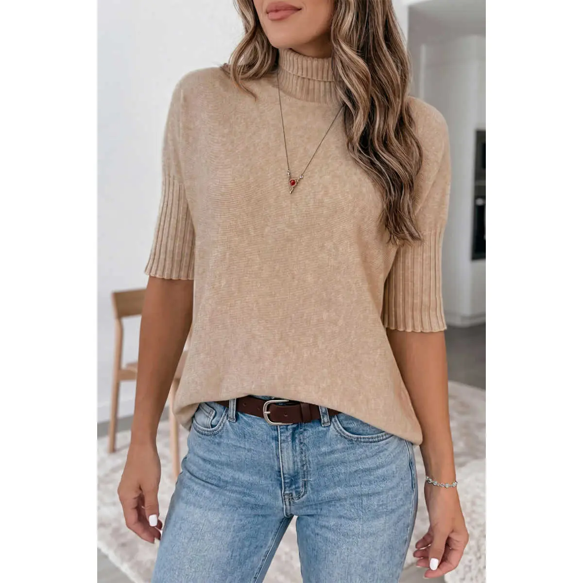 Women's Beige Turtleneck Short-Sleeve Knitting Top, Casual Sweater with Ribbed Trim, Basic Style Comfortable Knit Fabric, Soft