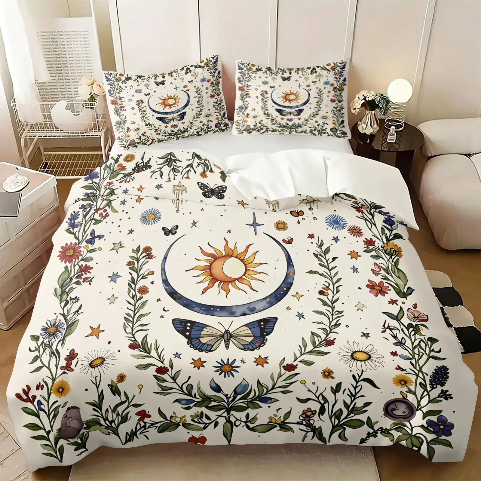 Boho Celestial Sun Moon Wildflower Butterfly Duvet Cover Set, 1 Duvet Cover + 1-2 Pillowcases, Witchy Botanical Floral Print Bedding Set, Soft Microfiber All Season, Mystical Cottagecore Bedroom Decoration, Gift for Nature Lovers, Soft Bedding Sets