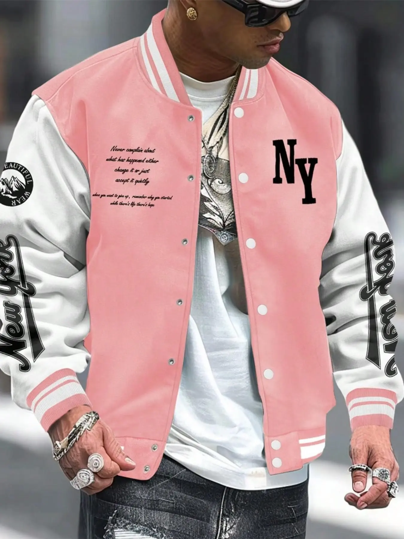 Men's American College Style Baseball Jacket, Ny Letter Print, Ribbed Collar, Colorblock Shoulder Pockets, Spring & Fall Outerwear