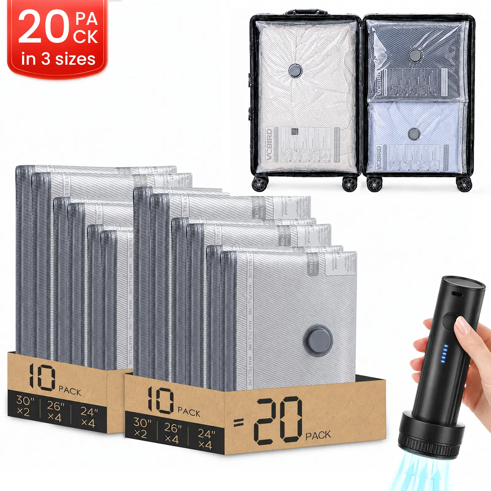 20/15 Pack Rechargeable Vacuum Compression Storage Bags with Electric Pump, 5000Pa Strong Suction, Vacuum Seal Bags for Travel & Home Use, Suitable for Clothing, Bedding, Pillows, Comforters, Blankets