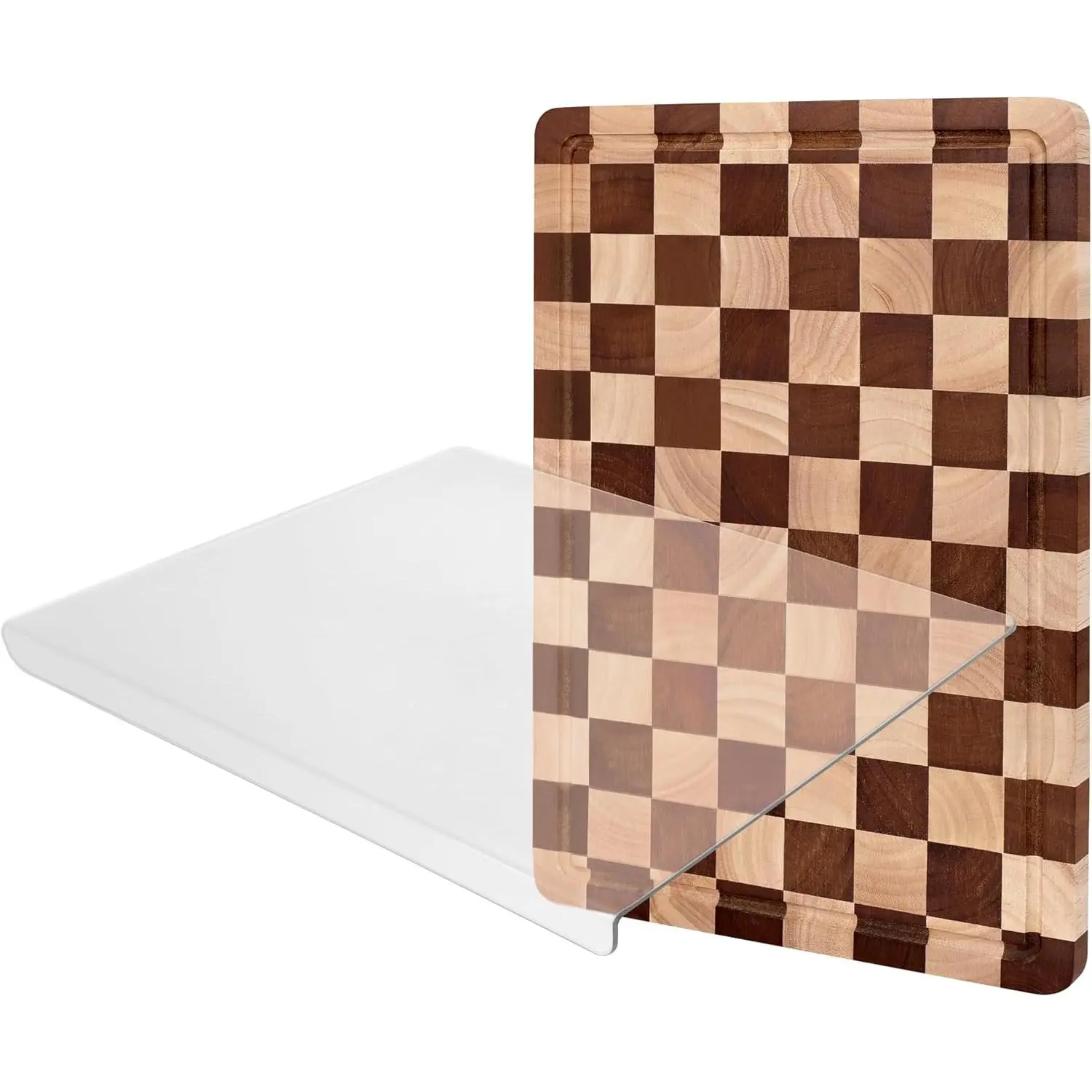 2-Piece Checkered Cutting Board Set Wood End Grain Chopping Board with Juice Groove & Acrylic Cutting Board with Counter Lip for Kitchen