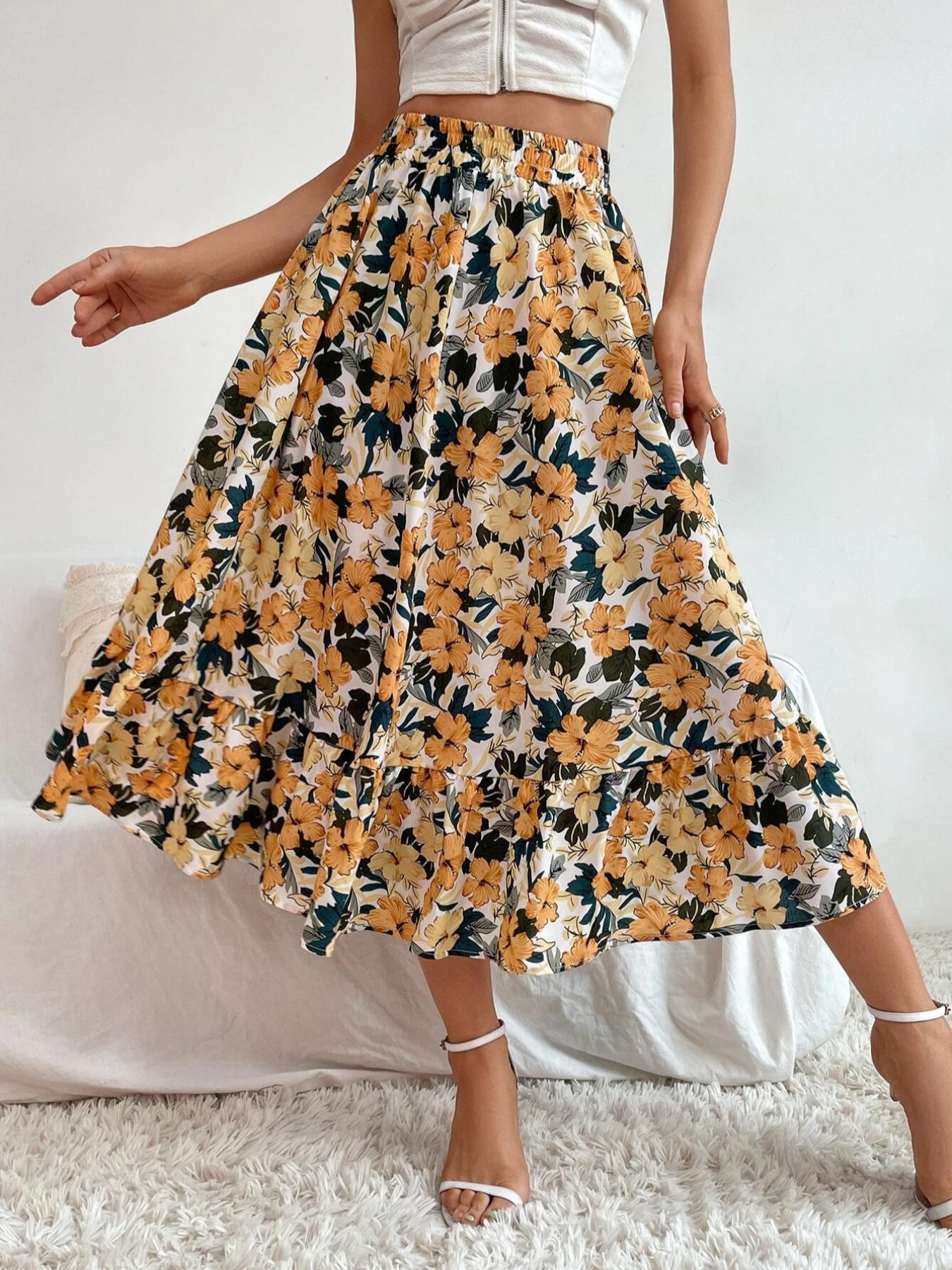 Women's Floral Print Ruffle Hem Elastic Waist Midi Skirt, Summer Clothes Women, Boho Romantic A Line Skirt for Daily Holiday Vacation Wear, Ladies Bottoms for Spring Fall