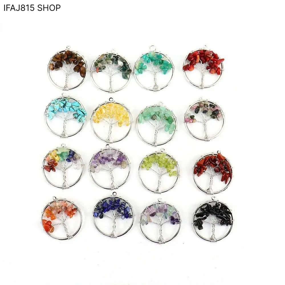 Tree of Life Pendant Necklace with Crystal Chip Healing Stones, Handmade Boho Round Charm with Adjustable Cord for Women and Men, Adjustable Size, Metal Coating, Round Pendant, Charms & Pendants, Tree Charm
