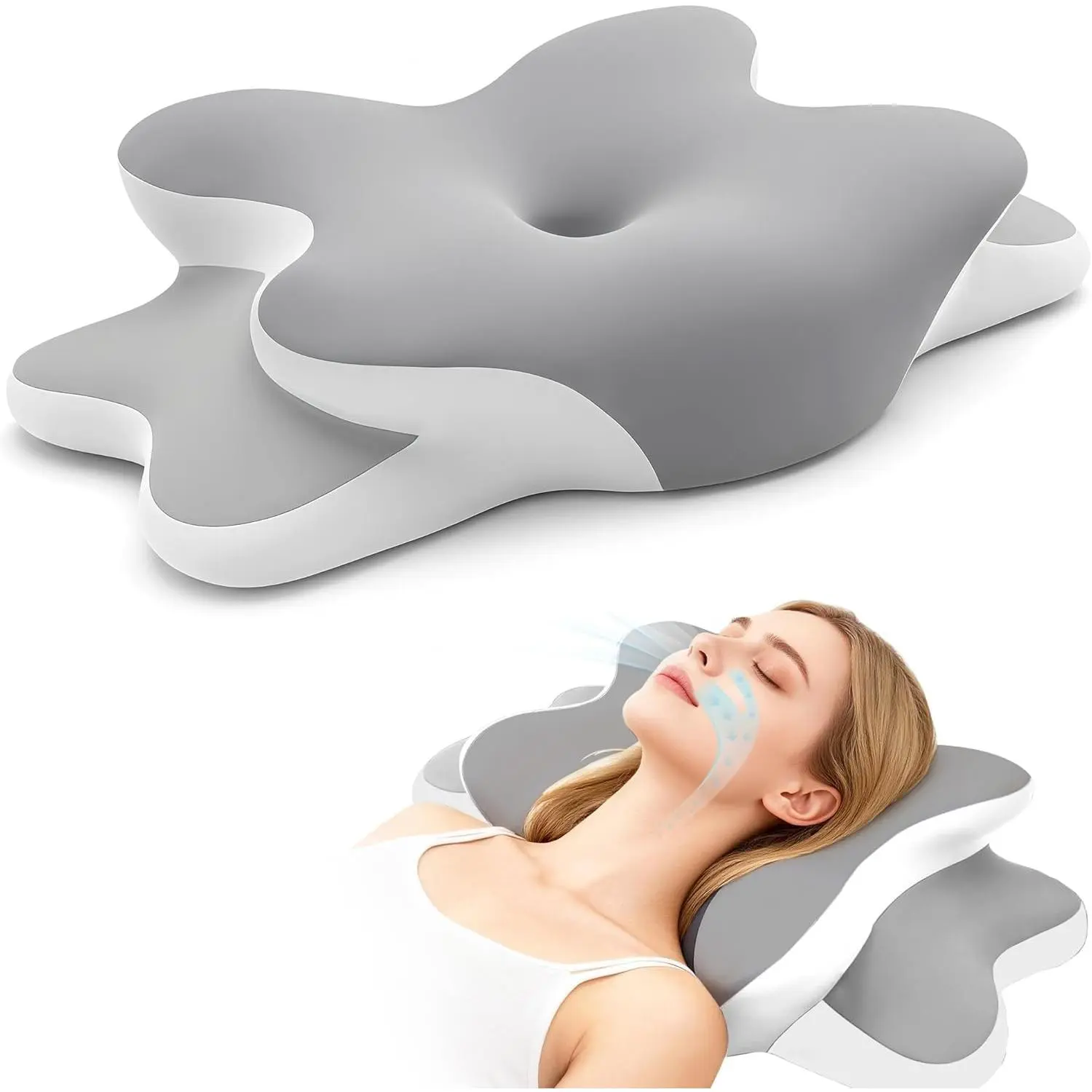 Sleep Apnea Pillow with Neck & Snoring Relief Orthopedic Ergonomic Contour Cervical Memory Foam Cooling Pillow for Side Sleepers Medium Firm Support Grey Queen Size