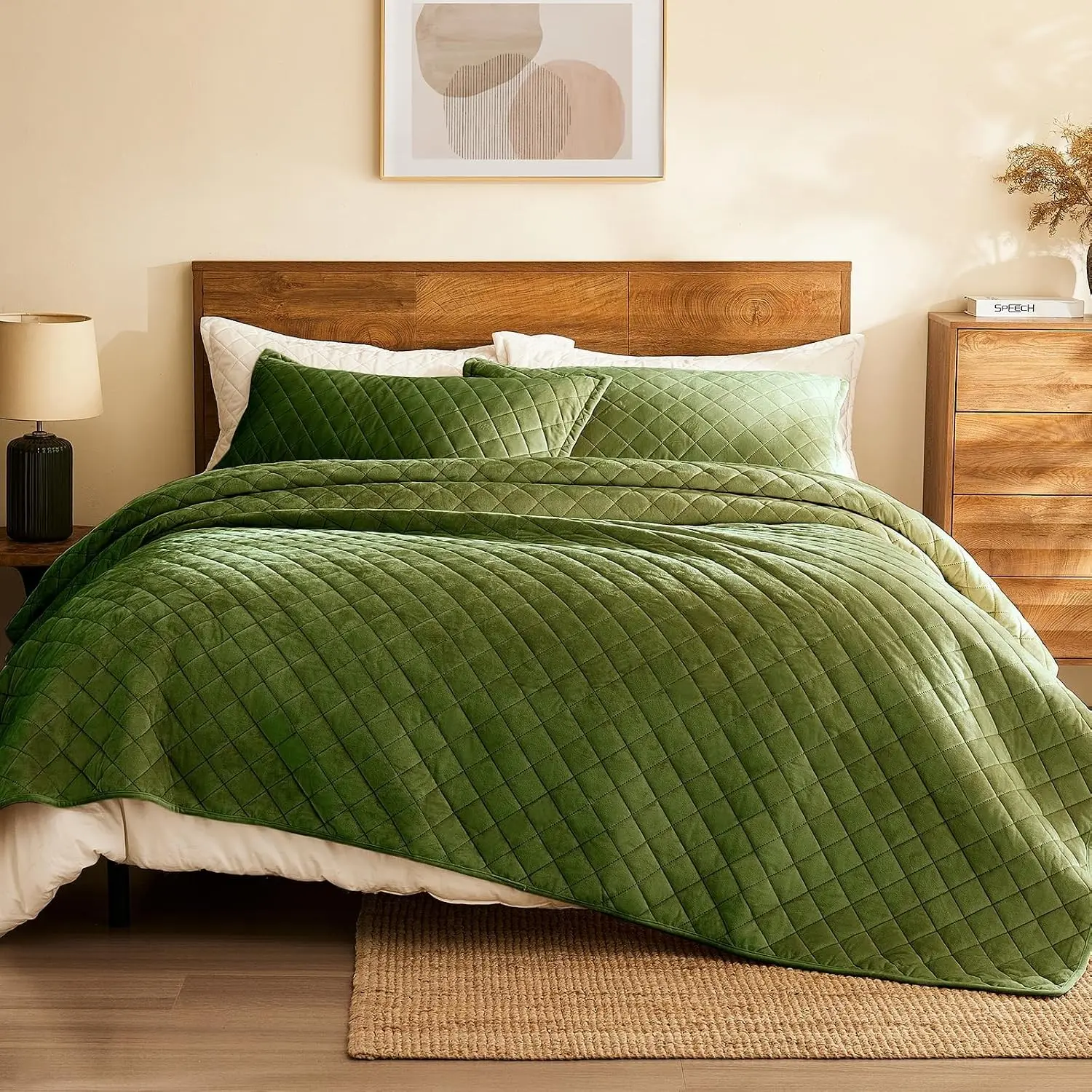 Velvet Quilt King Size: 3-Piece Reversible Luxury Velvet Bedding Comforter Set - Lightweight Oversized Quilted Bedspread Coverlet with 2 Pillow Sham for All Season - Olive Green Quilt