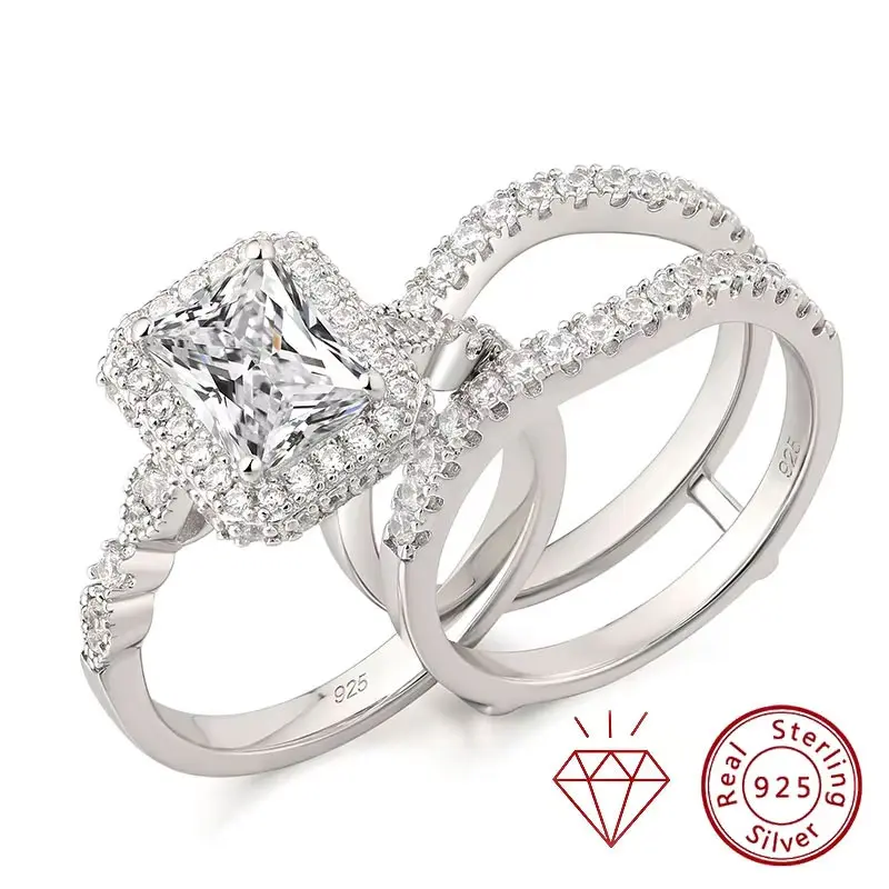Women's 2-Piece Wedding Ring Set in 925 Sterling Silver, Classic Prong Setting Radiant Cut Moissanite Engagement Ring with Detachable Guard Band, Set Of Two, Wedding Wear
