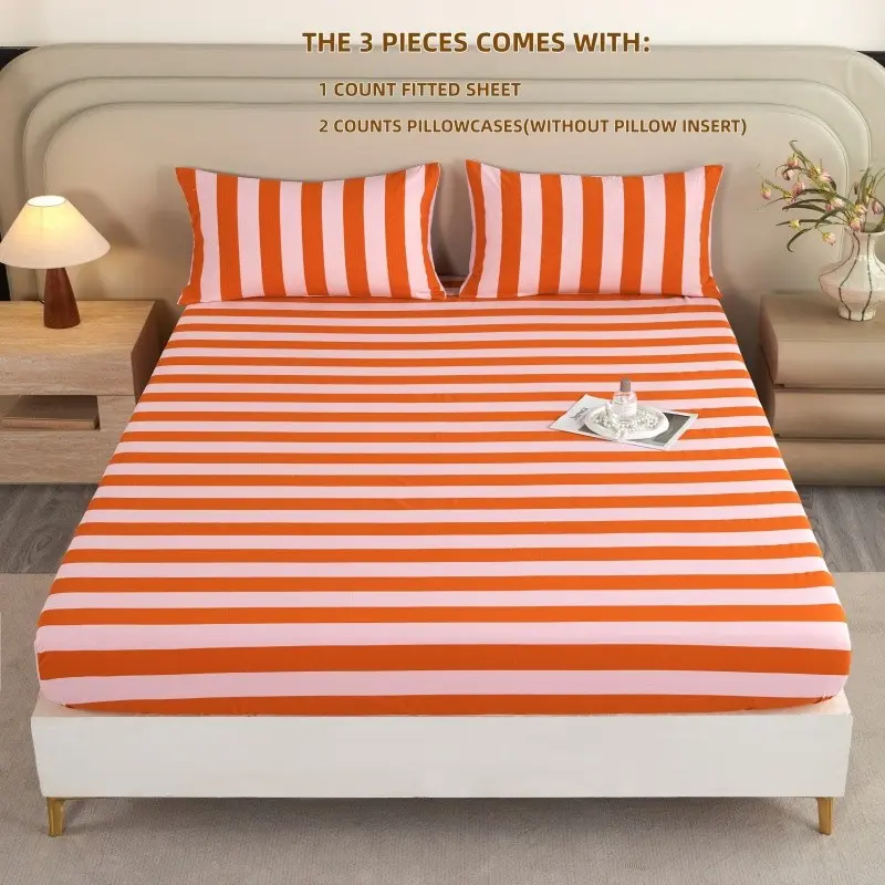Three-Piece and Striped Fitted Sheet Set, Bedsheet Set, Includes 1 Bed Sheet and 2 Pillowcases, Ideal for Bedroom or Guest Room