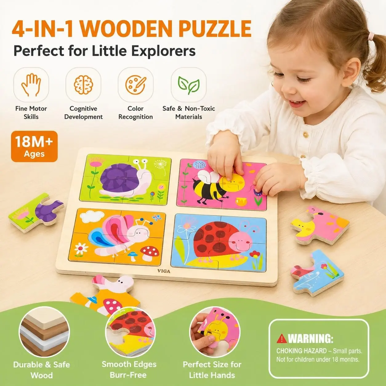 16-Piece Wooden Insect Puzzle Set for Toddlers, Snail Bee Butterfly Ladybug, Easy-Grab Chunky Blocks, Shape & Color Recognition Toy