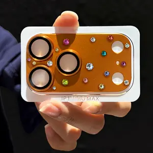 High-End Orange Sparkling Rhinestone 3D Armor Tempered Glass Camera Lens Protector for iPhone 17 Pro Max, Metal Frame Rear Camera Protective Cover