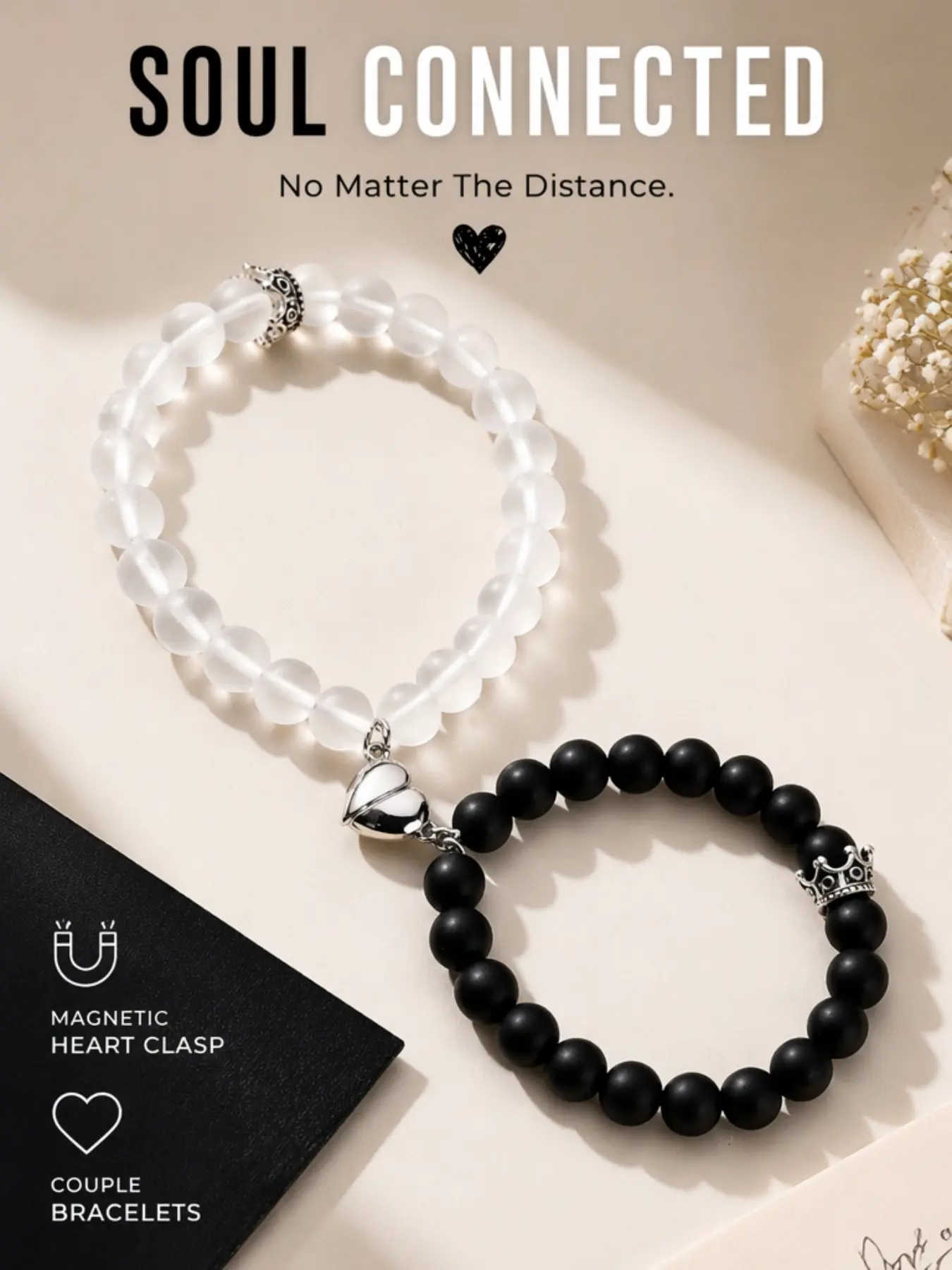 Couple Bracelets for Women Men Black White Beaded Matching Bracelets Magnetic Heart Distance Relationship Jewelry, Yin Yang Couple Bracelet Set, Love Friendship Gift for Girlfriend Boyfriend Valentine Birthday