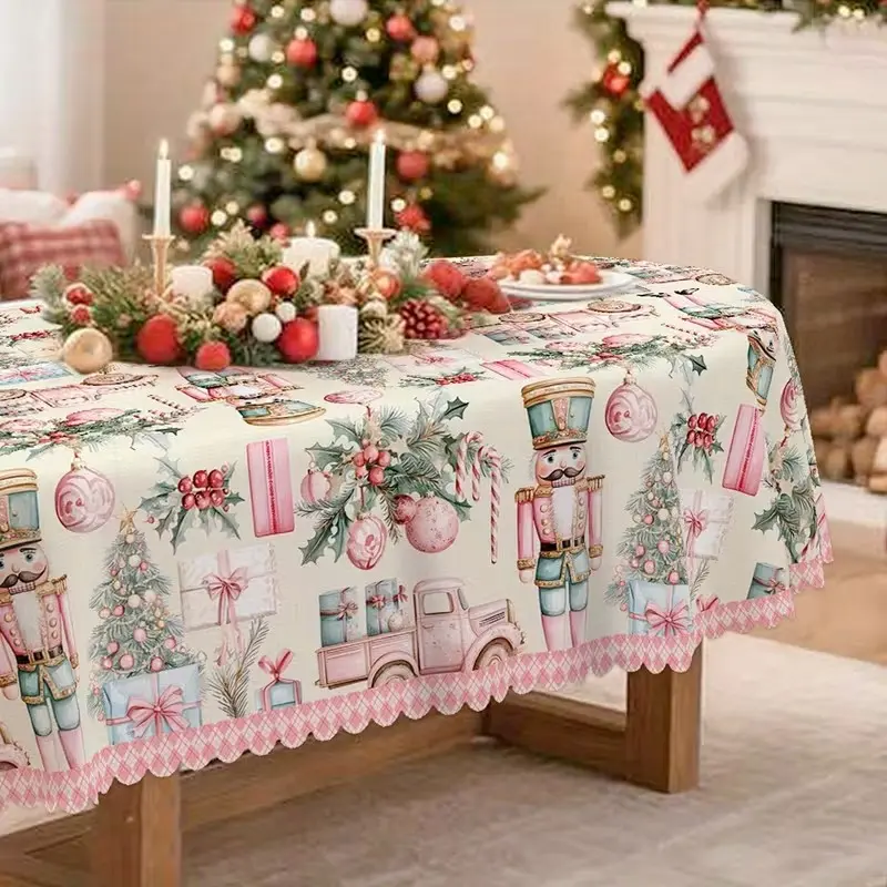 2D Flat Party Tablecloth 1pc, Christmas Winter Polyester Oval Tablecloth, Decor, Vintage Style, Suitable for Various Scenes