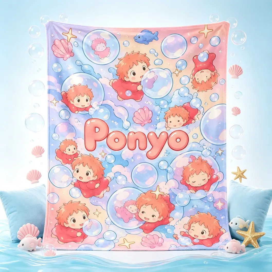 Ponyo Inspired Cartoon Printed Flannel Blanket, Cute Anime Movie Throw Blanket, Soft Cozy Lightweight Cover for Sofa Bed Bedroom Travel Home Decor, Warm Gift for Adults Kids Cartoon Fans, Birthday Holiday Present, Cooling Blanket, Blankets Bedding