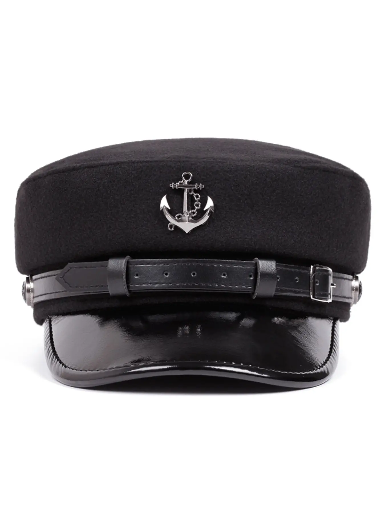 Retro Navy Sailor Hat For Women Silver Anchor Emblem Military Cap Black Fiddler Hat Patent Leather Brim Leather Buckle Strap Autumn Winter Fashion Beret Cap Bold Style Cap