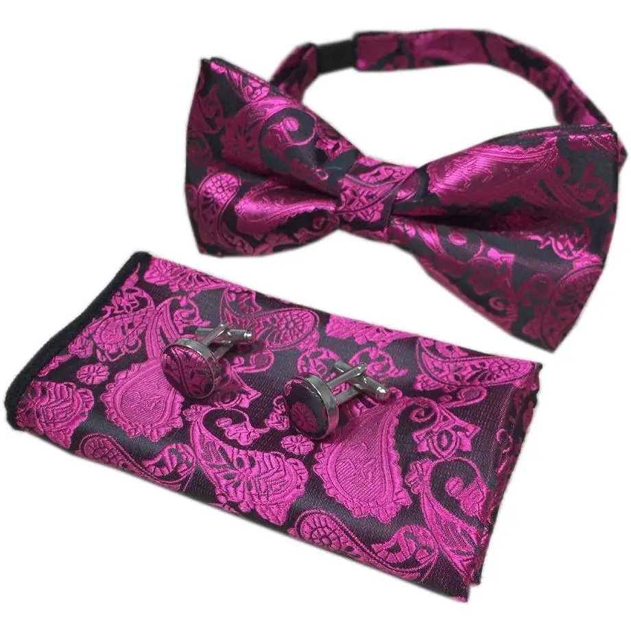 Men Big Boy Paisley Bow Tie Handkerchief Set Bowties Cufflinks Pocket Square Set