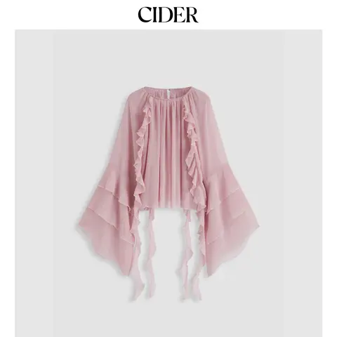 Cider Chiffon Round Neckline Solid Ruffle Hem See-through Long Bell Sleeve Blouse