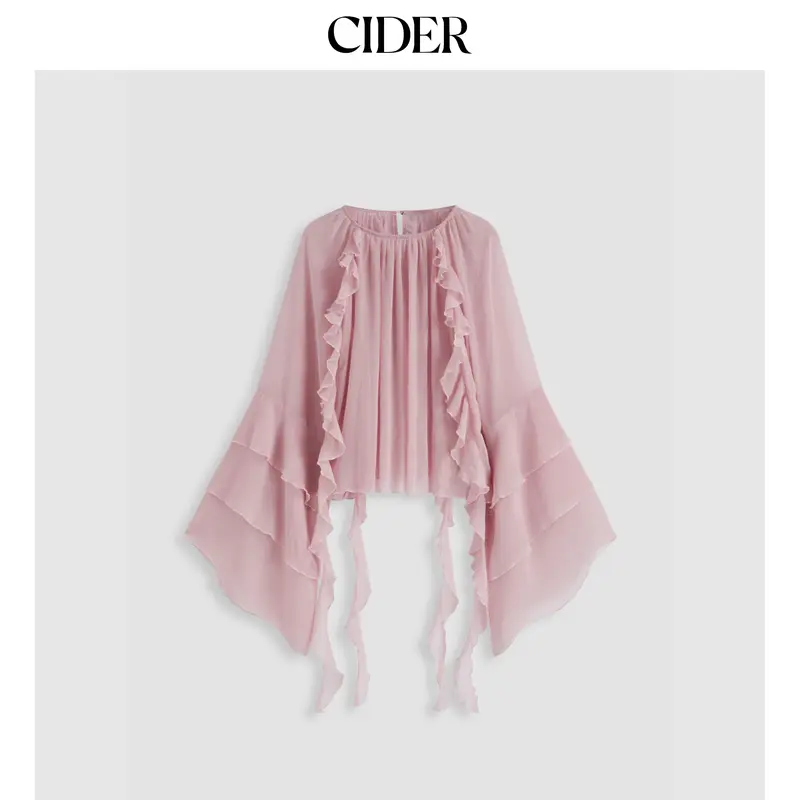 Cider Chiffon Round Neckline Solid Ruffle Hem See-through Long Bell Sleeve Blouse