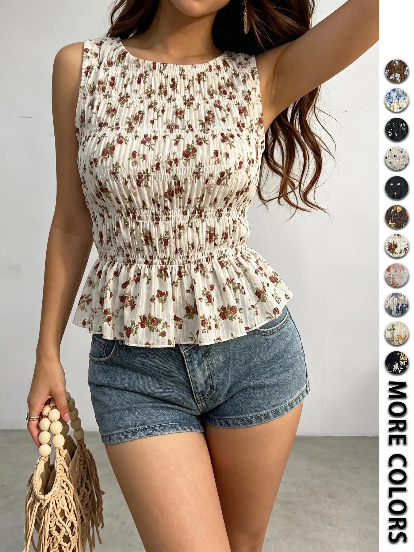 Summer Floral Sleeveless Top Blouse Peplum, Elegant Fitted Design, All-Over Print, Casual Chic Style, Perfect for Spring & Summer, Versatile Everyday Wear