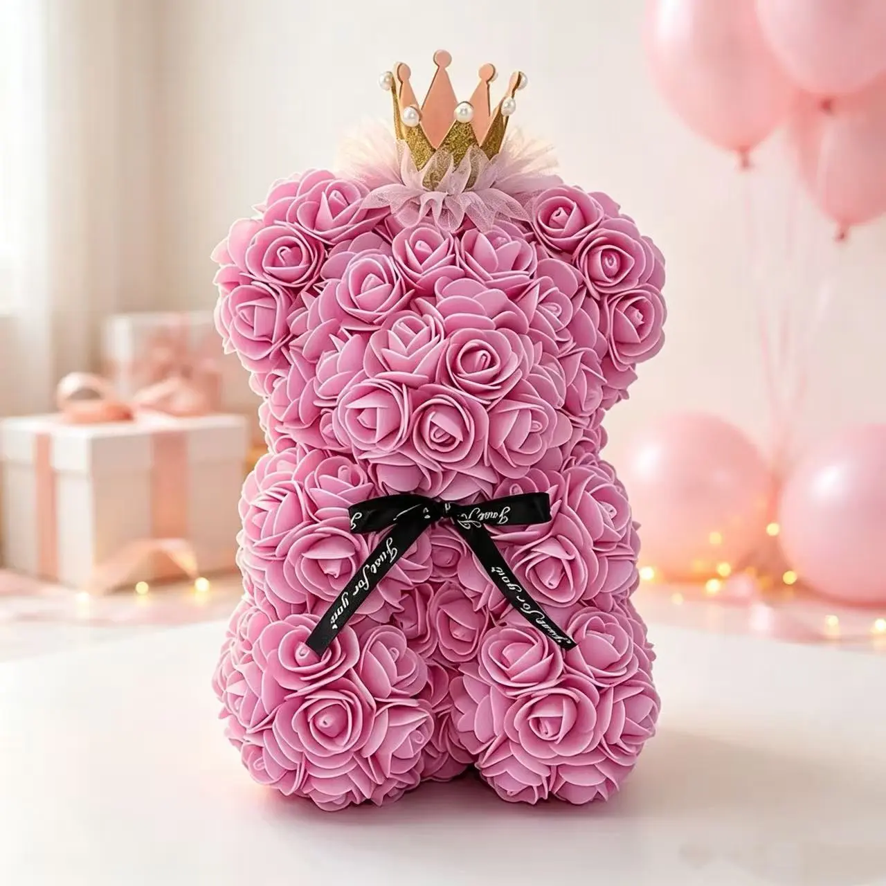 Eternal Rose Flower Bear Crown Set, Perfect Valentine's Day Gift, Anniversary Gift, 23cm Complete Rose Bear Kit, Floral Decorations, Artificial Flower Decorations