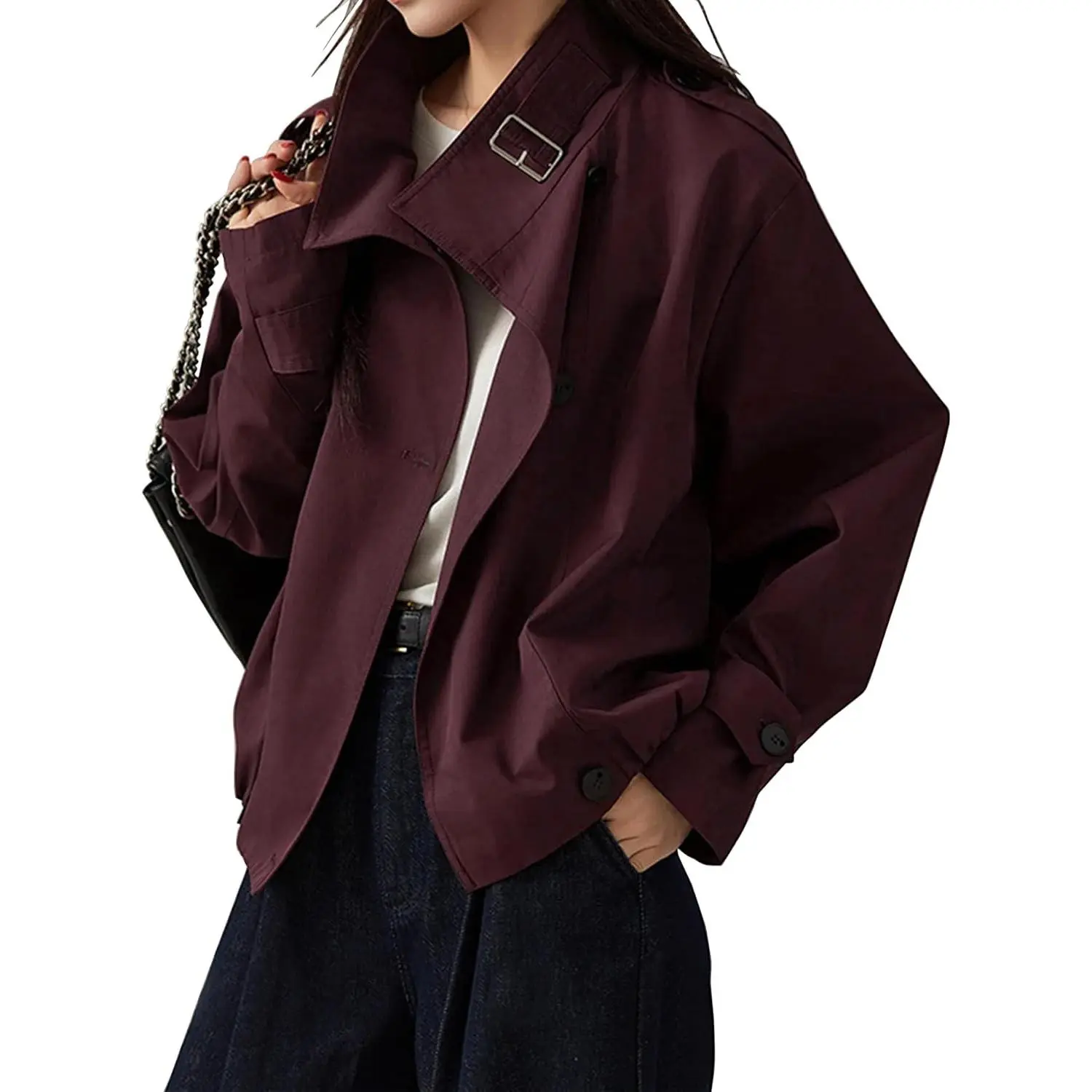 Women's Trendy Vintage Turtleneck Crop Trench Coat Jacket with Pockets(Gift)