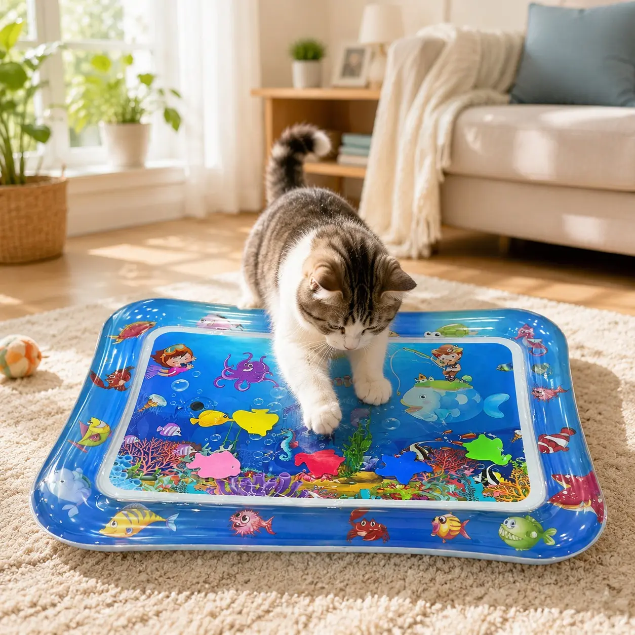 Cat Water Mat,Upgraded Thickened Water Sensory Play Mat,Cats Cooling Pad with Exercise,Swatting,Hunting,Cat Toys Interactive with Fish,Anti-Scratch Leak Proof Play Mat