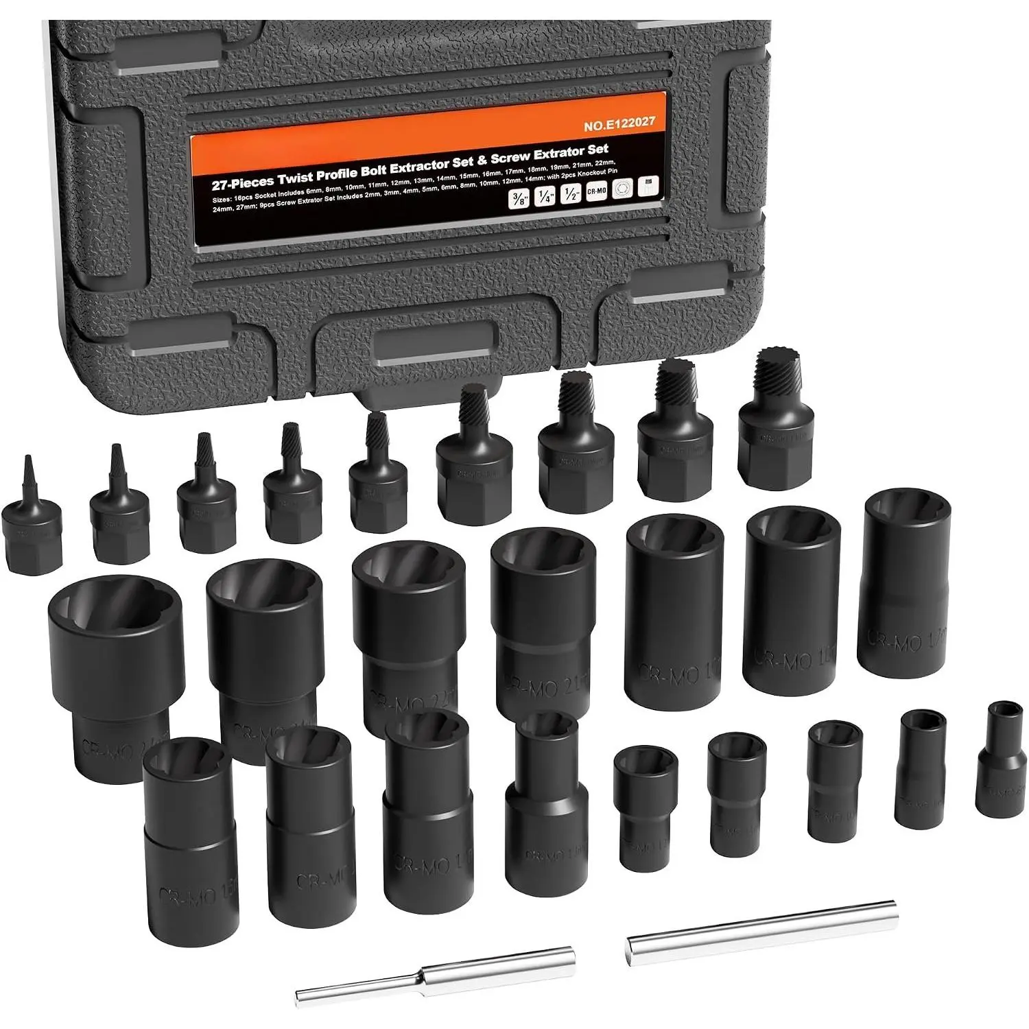27 count  Twist Socket & Extractor Set, CR-MO Steel | Construction for Removing Damaged, Frozen, Rusted, and Rounded-Off , Nuts, Screws & Studs with  Tools