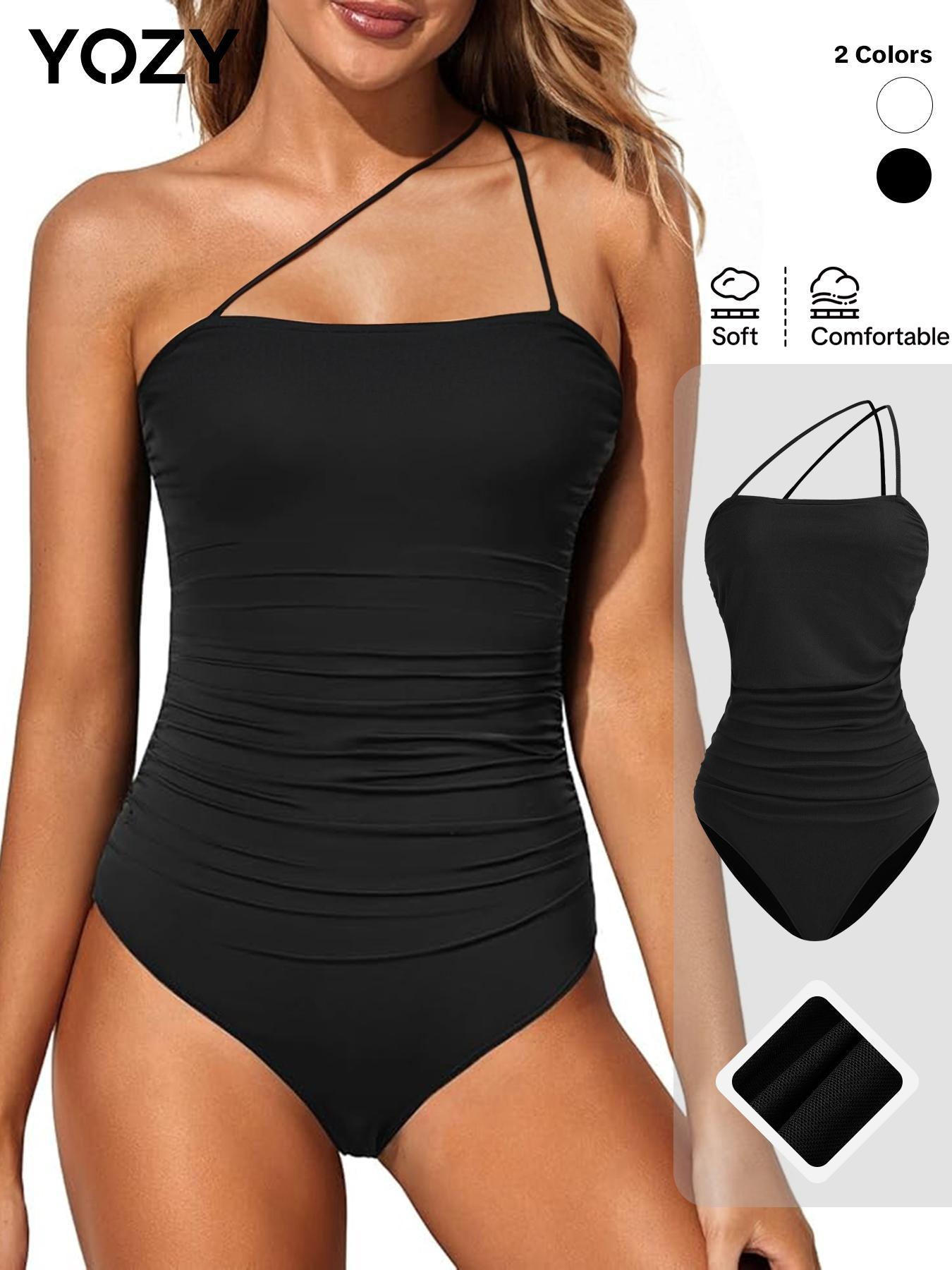 YOZY Women's Plain Ruched Asymmetrical Bodysuit, Casual Adjustable Strap Sleeveless Bodysuit for Holiday Vacation, Ladies Clothes for All Seasons