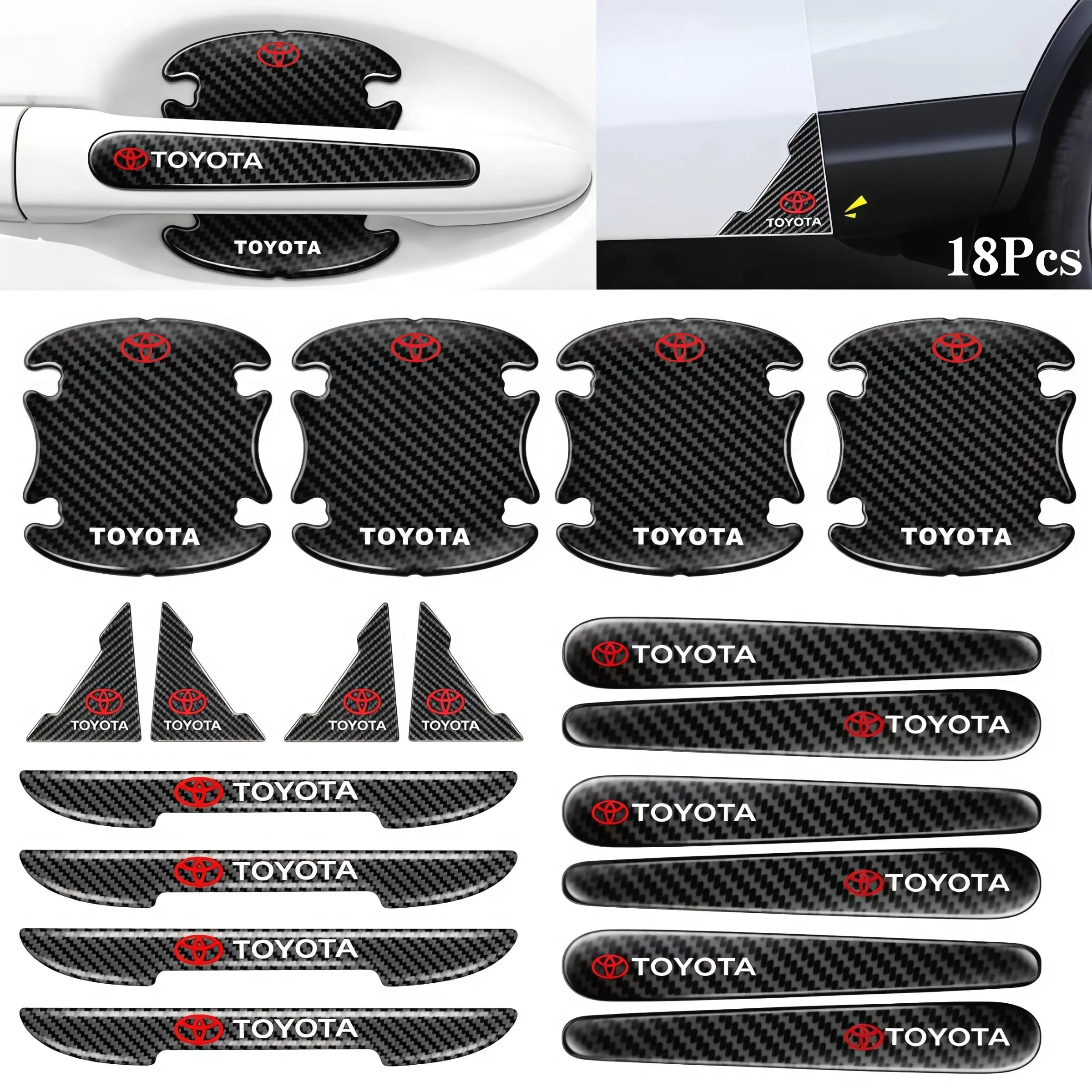 18pcs Carbon Fiber Car Door Handle Protectors, Waterproof 3D Cup Films, Anti-Collision Scratch Guard, Toyota Interior Accessory