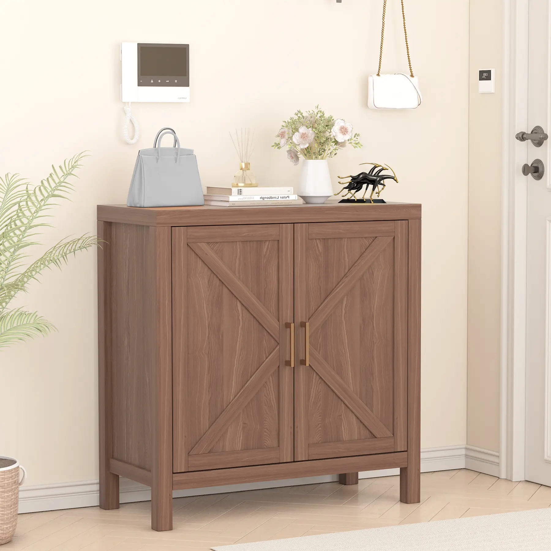 Oak Farmhouse MDF & Metal Sideboard Buffet Cabinet - Sturdy, X-Shaped Door Storage Cupboard, Multi-Functional Coffee Bar & Media Console for Kitchen, Living Room (Assembly Required)