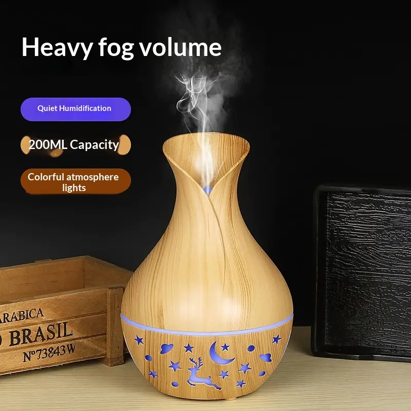 200ML Wooden Texture Hollow Flower Vase, Silent Large Mist Humidifier, Night Light Ultrasonic Humidifier for Home Bedroom Office