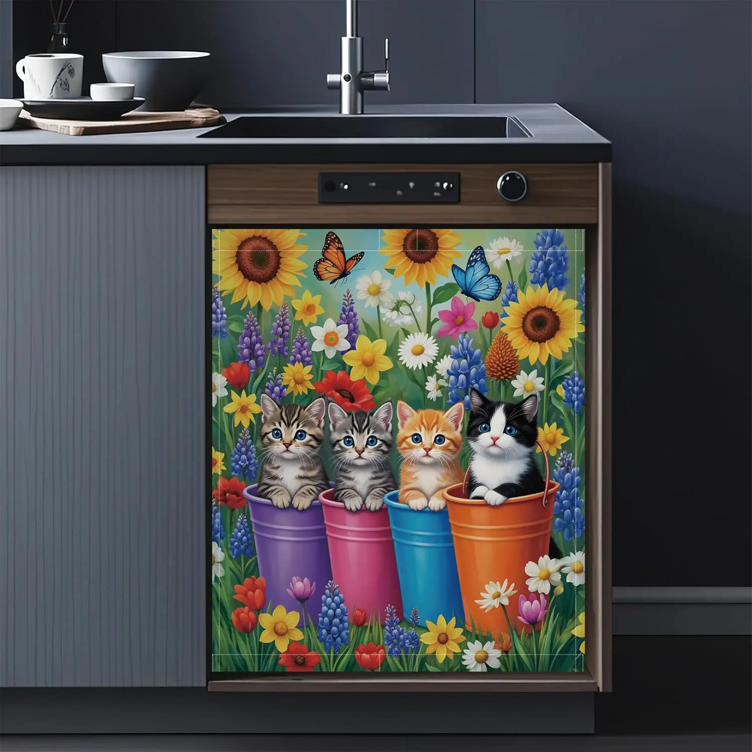 Cute Cats Dishwasher Covers for the Front Magnetic,Colorful Flowers Butterfly Refrigerator Magnets Decorative Cover,Reusable Dishwasher Cover Panel for Home Kitchen Decor 23x26 Inch