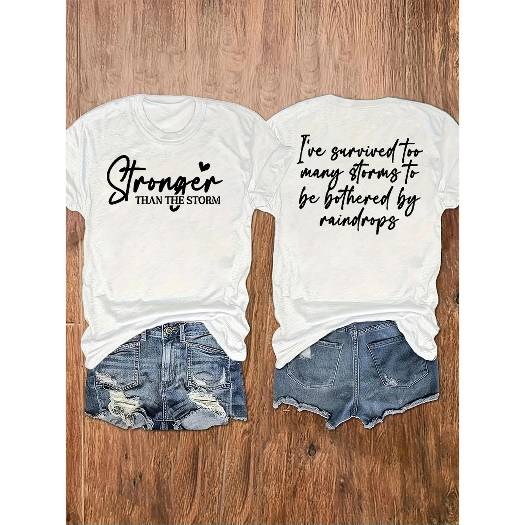 Women's Short-Sleeve Cotton Fabric Crew Neck T-Shirt - "Stronger Than The Storm" Inspirational Graphic Tee, Casual Summer Fit Soft Lightweight Top, Knit, Round Neck,clothes for back to school,first day of school outfits