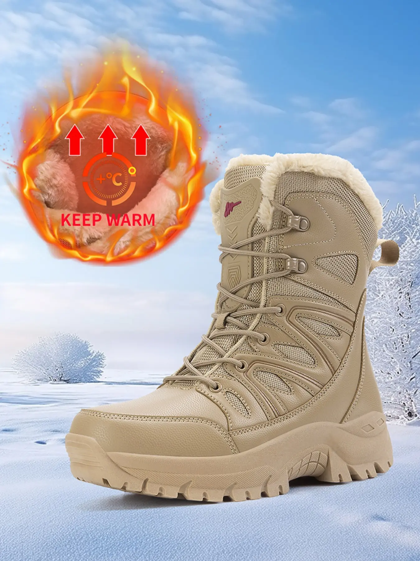 Men's Thickened Fleece Snow Boots, Mid-Calf Warm Cotton Shoes, Anti-Slip Durable Outdoor Hiking Winter Boots, Waterproof Trail Snow Boots
