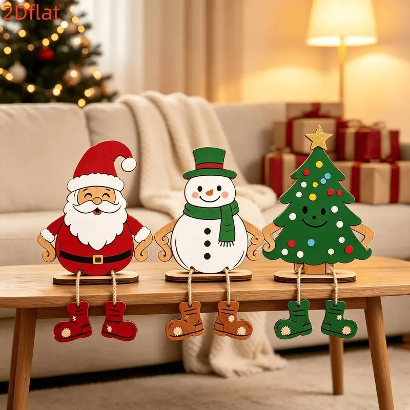 3-Piece Christmas Wooden Decor Set: Santa Claus, Snowman, and Christmas Tree Desktop Ornaments with Hanging Boots, Vintage-Style Fireplace Shelf Display for Indoor Holiday Decoration