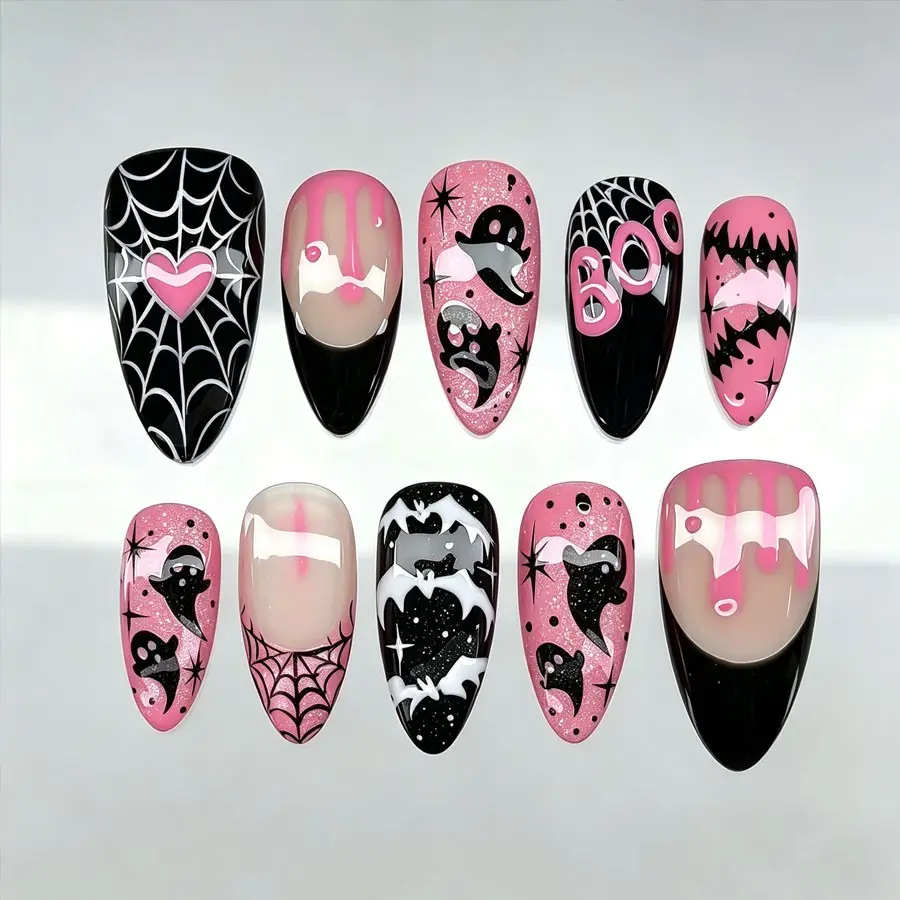 10 Pcs Halloween Almond Nail Stickers, Sweet Painted Ghost Spider Web Heart Manicure, European Style Wearable Nails, Fun Festive Design