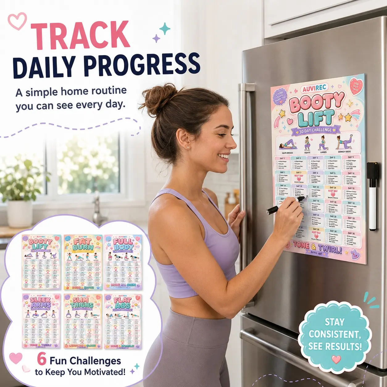 Auvirec Reusable Fitness Tracker Set, 6 Sheets 30-Day Workout Log + Erasable Marker, Pet Material, Ideal for Home Gym Tracking