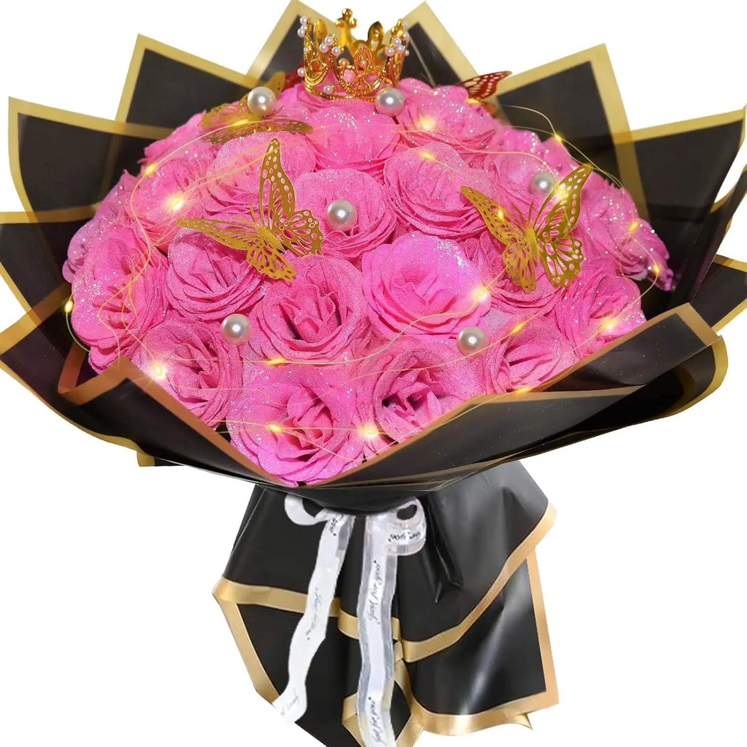 Pink Glitter Artificial Roses Bouquet 24 Pcs Shiny Fake Flowers Everlasting DIY for Christmas Birthday Wedding Anniversary Engagement Mother's DayGift