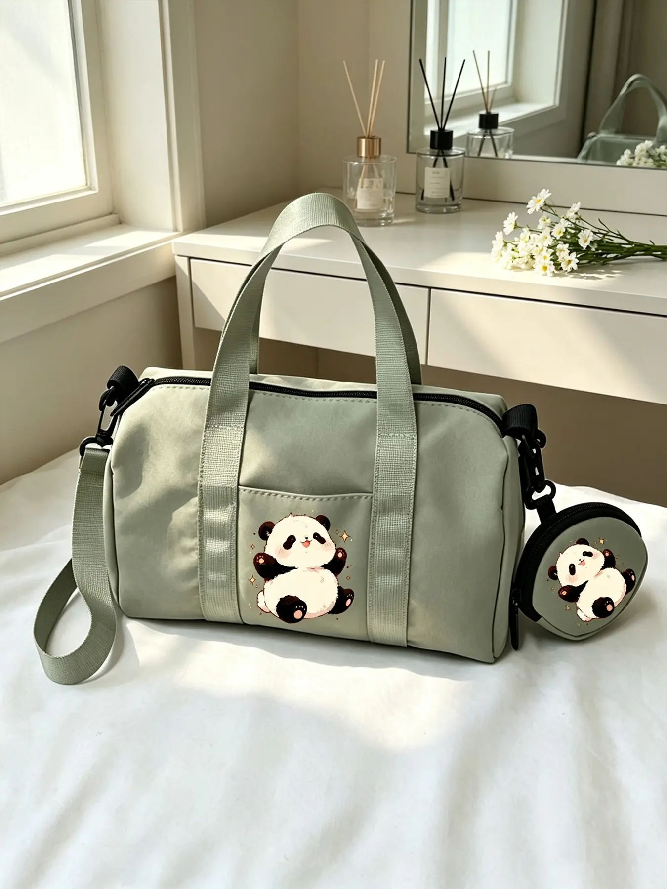 Cute Panda Print Crossbody Shoulder Bag, Waterproof Oxford Fabric, Large Capacity, Adjustable Strap, Casual Style, All Seasons
