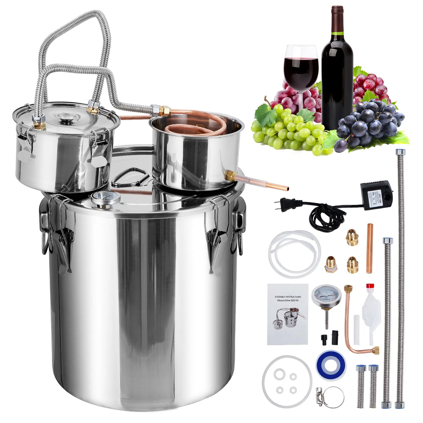 Alcohol Still 3Gal/10 gallons Alcohol Distiller Stainless Steel Distillery Kit for Alcohol w/Copper Tube Home Brewing Kit Build-in Thermometer Ideal for Whiskey/Brandy/Essential Oil Distilling & Multi-Fuel Heating Compatibility