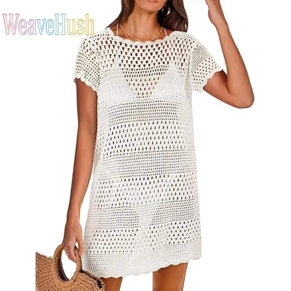 Women's Swimsuit Cover-Up, Hollow-Out Knit Pullover Top, Short-Sleeve Lightweight Blouse for Summer Beach Vacation, Women's Clothes,travel essentials,camping essentials, Clothes For Women, All Seasons
