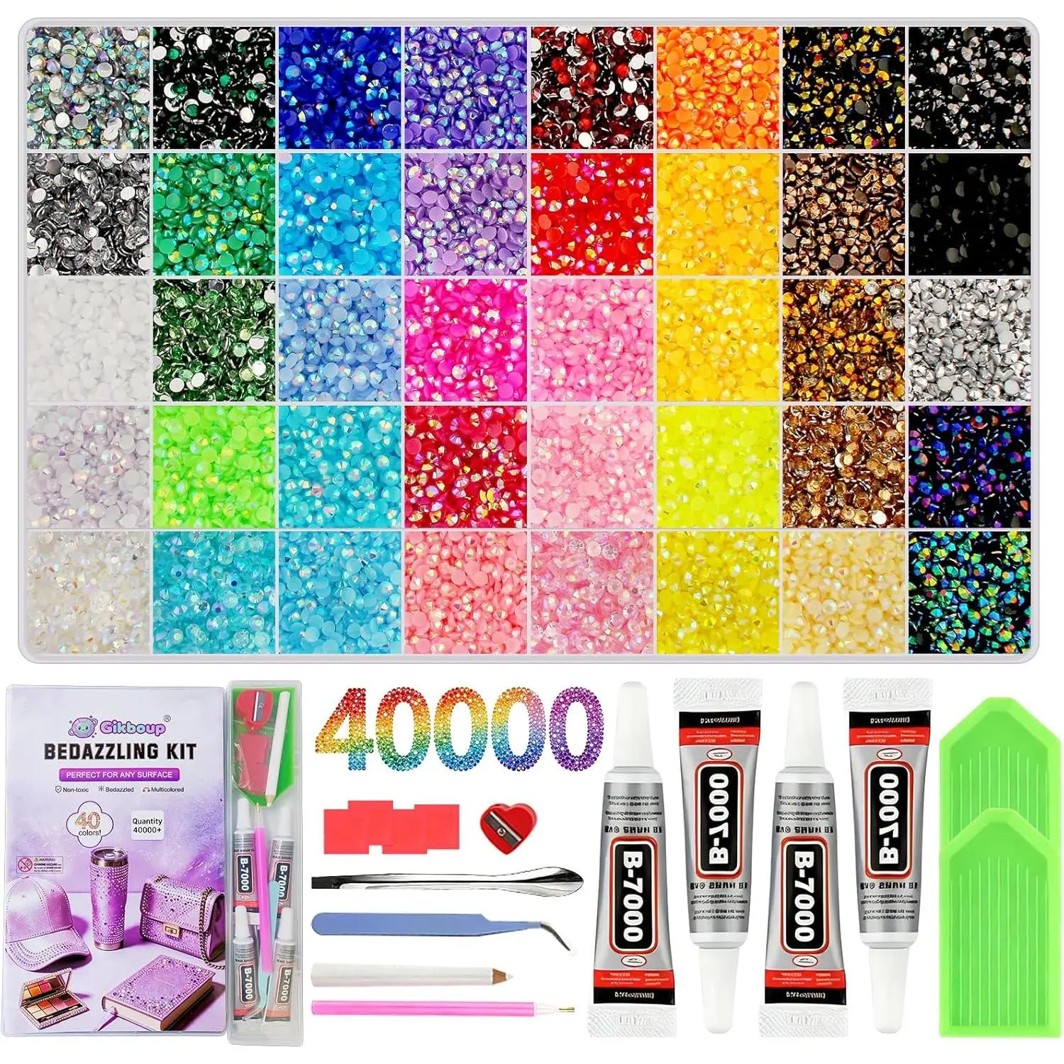 40000 Pcs 40 Colors Bedazzling Kit with Rhinestones,3mm Jelly AB Resin Flatback Gems with 4 B-7000 Glue, 40-Grid Storage Box, Tweezers, Trays and Tools for Crafts, Cups, Phone Cases