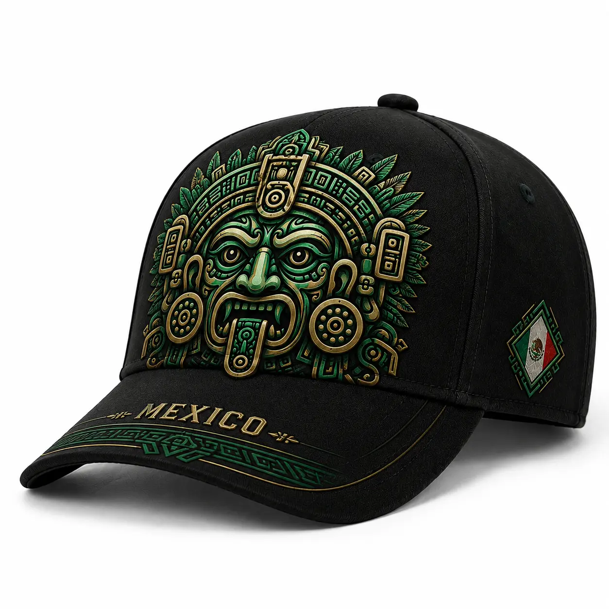Mexico Baseball Cap - Mens Hats, Unisex Black/Green Aztec Mask Graphic Hat with Mexican Flag Embroidered Patch, Adjustable Snapback, Casual Outfits Cap, Mexico Pride Outdoor Sun Accessory for Soccer Fans, Sports Streetwear