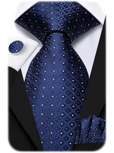 Handmade Plaid Tie Set for Men, Elegant Business Striped Necktie with Pocket Square and Cufflinks, All Seasons Formal Wear Accessory
