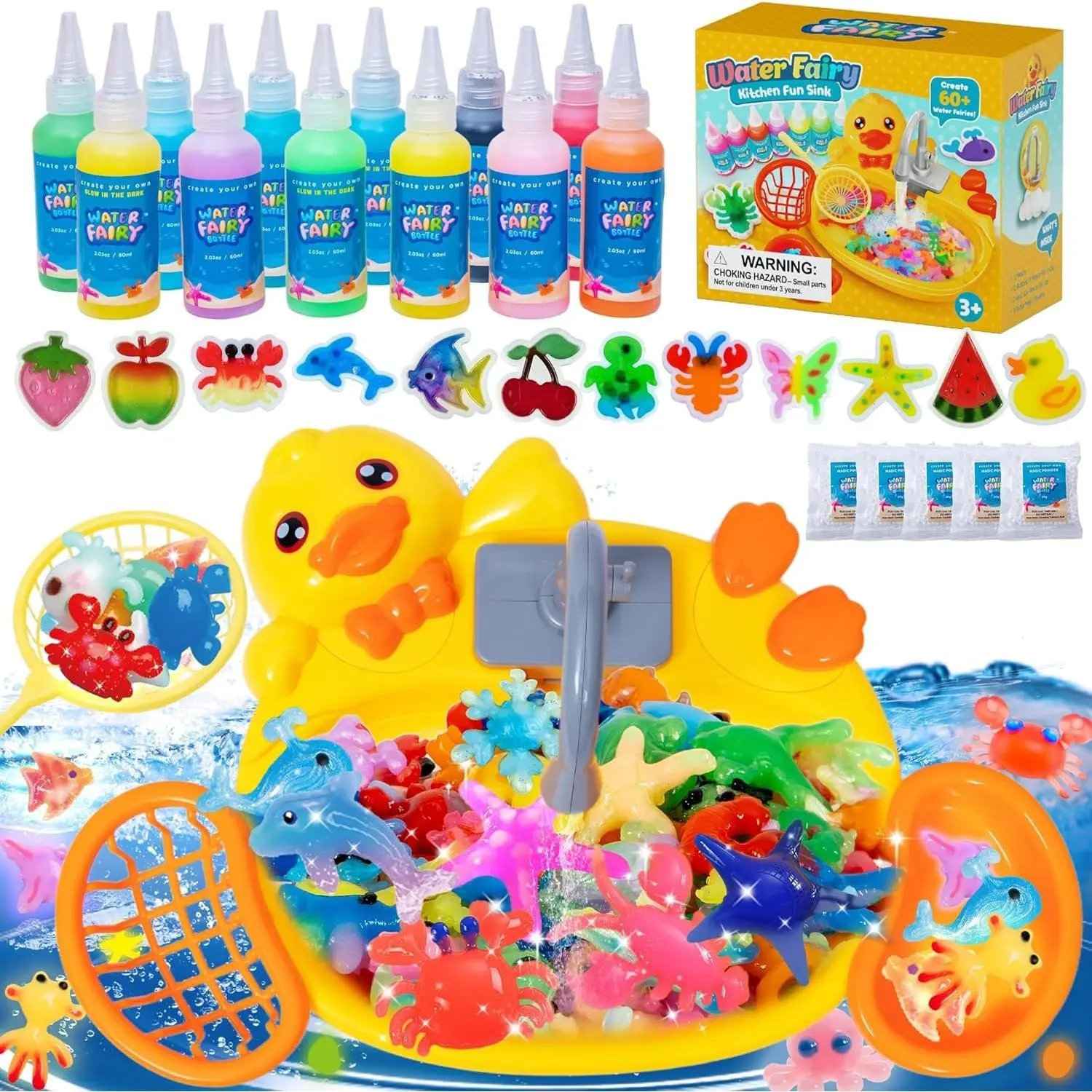 Glow in The Dark Magic Water Elf, Yellow Duck Pool Toy with 12 Aqua Molds,12 Gels to Create Squishy Water Pets, DIY Water Fairy Sensory Toys, Kids STEM Crafts Water Animals, Christmas Birthday GiftGift.